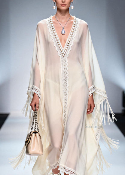 Women V Neck Tassel Nail Bead Patchwork Chiffon Dress Summer