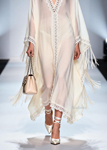 Women V Neck Tassel Nail Bead Patchwork Chiffon Dress Summer