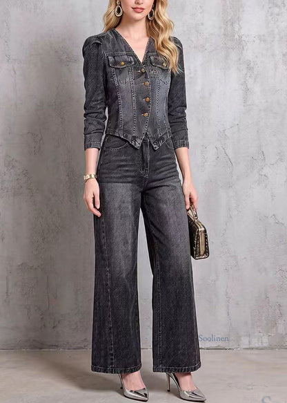 Women V Neck Top And Pants Denim Two Pieces Set Spring