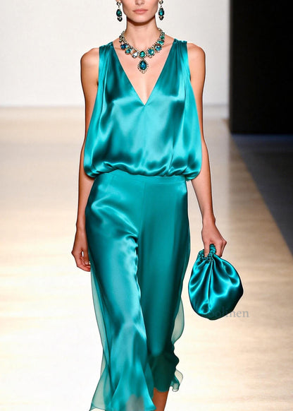 Women V Neck Tops And Pants Silk Two Pieces Set Sleeveless