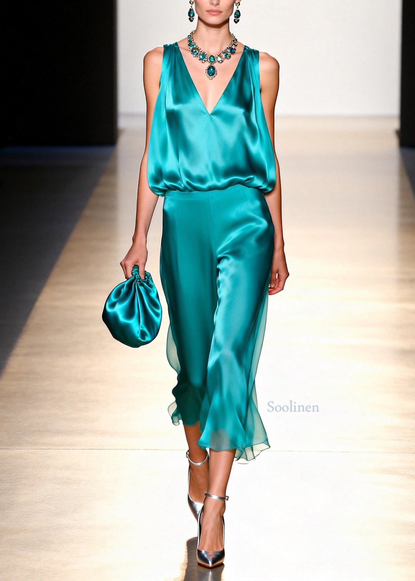 Women V Neck Tops And Pants Silk Two Pieces Set Sleeveless