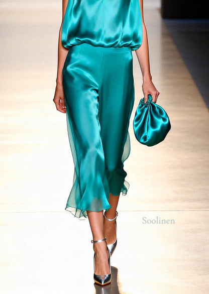 Women V Neck Tops And Pants Silk Two Pieces Set Sleeveless
