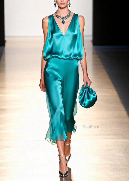 Women V Neck Tops And Pants Silk Two Pieces Set Sleeveless
