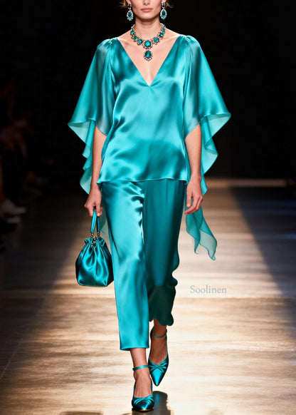 Women V Neck Tops And Pants Silk Two Pieces Set Summer