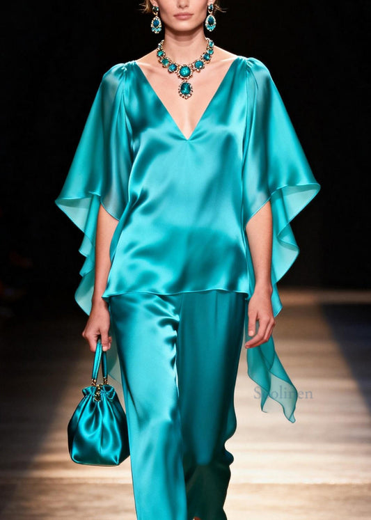 Women V Neck Tops And Pants Silk Two Pieces Set Summer