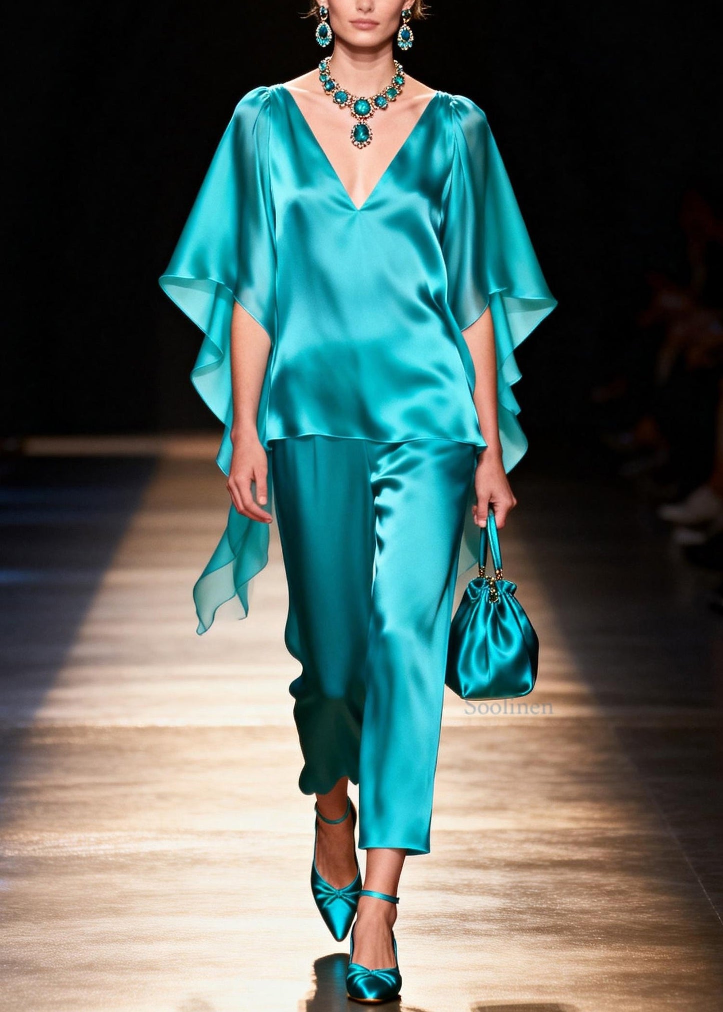 Women V Neck Tops And Pants Silk Two Pieces Set Summer