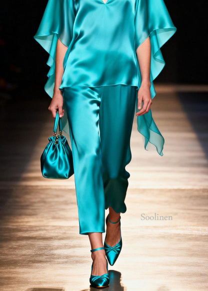 Women V Neck Tops And Pants Silk Two Pieces Set Summer