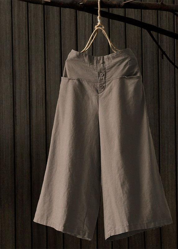 Women Vintage Solid Elastic Waist Wide Leg Pants with Pockets - SooLinen