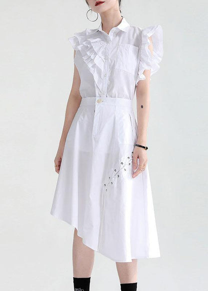 Women White Asymmetrical Design Pockets Blouse Top - SooLinen