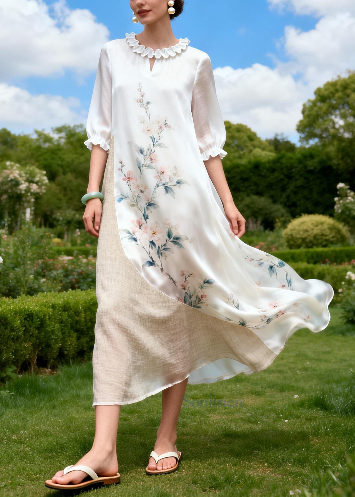Women White Asymmetrical Patchwork Print Chiffon Ankle Dress Summer