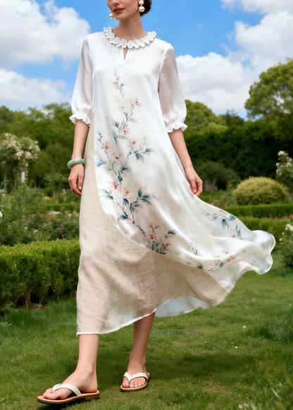 Women White Asymmetrical Patchwork Print Chiffon Ankle Dress Summer