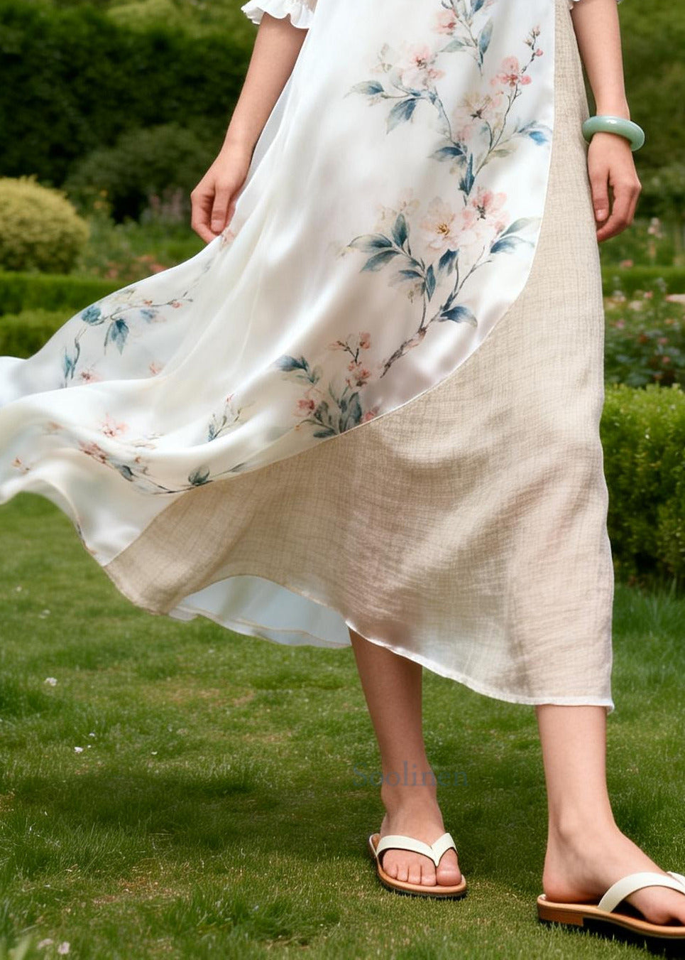 Women White Asymmetrical Patchwork Print Chiffon Ankle Dress Summer