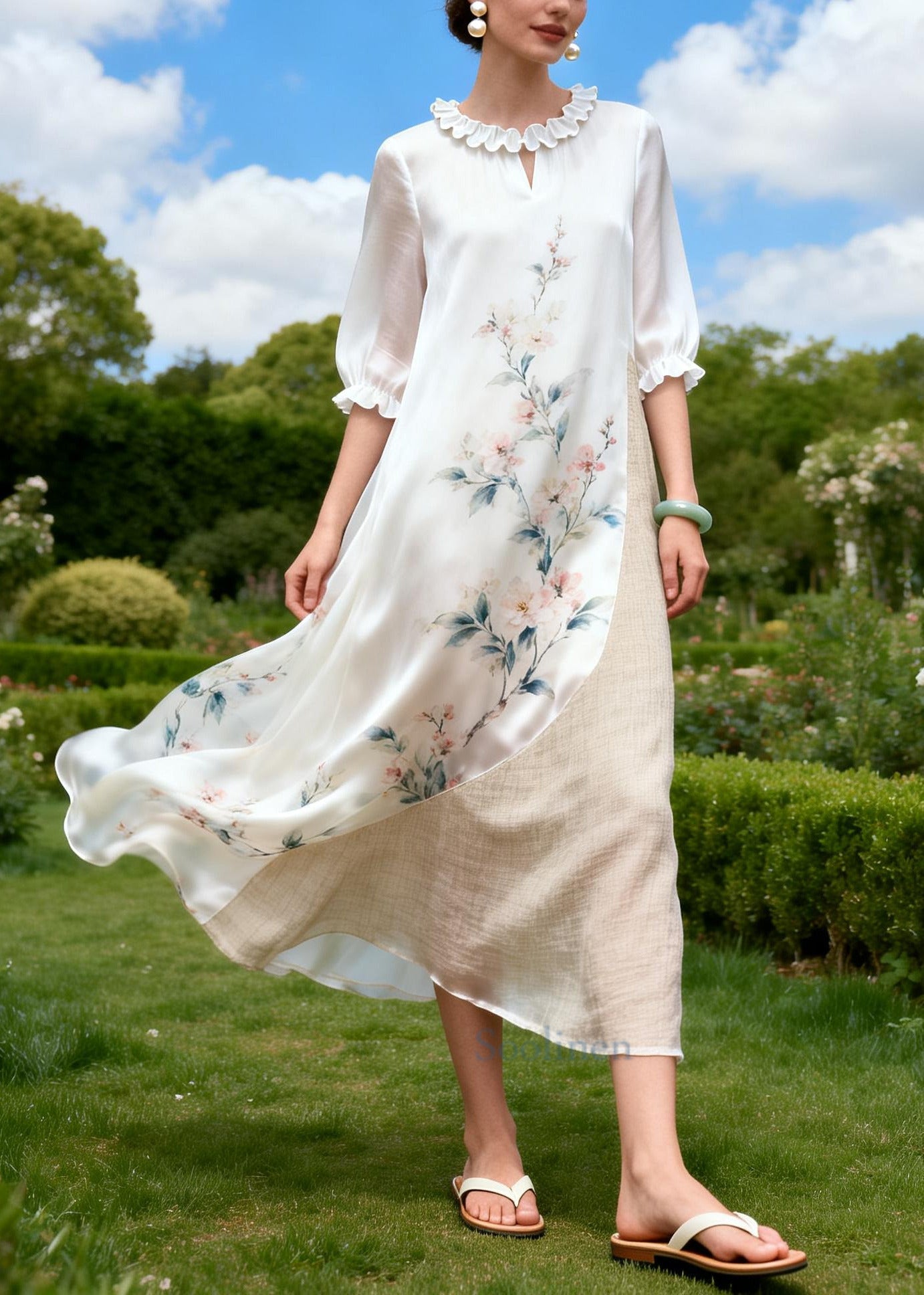 Women White Asymmetrical Patchwork Print Chiffon Ankle Dress Summer