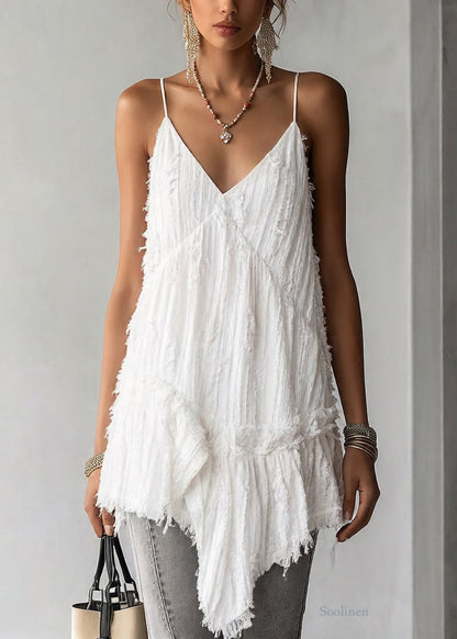 Women White Asymmetrical Ruffled Cotton Spaghetti Strap Tank Sleeveless