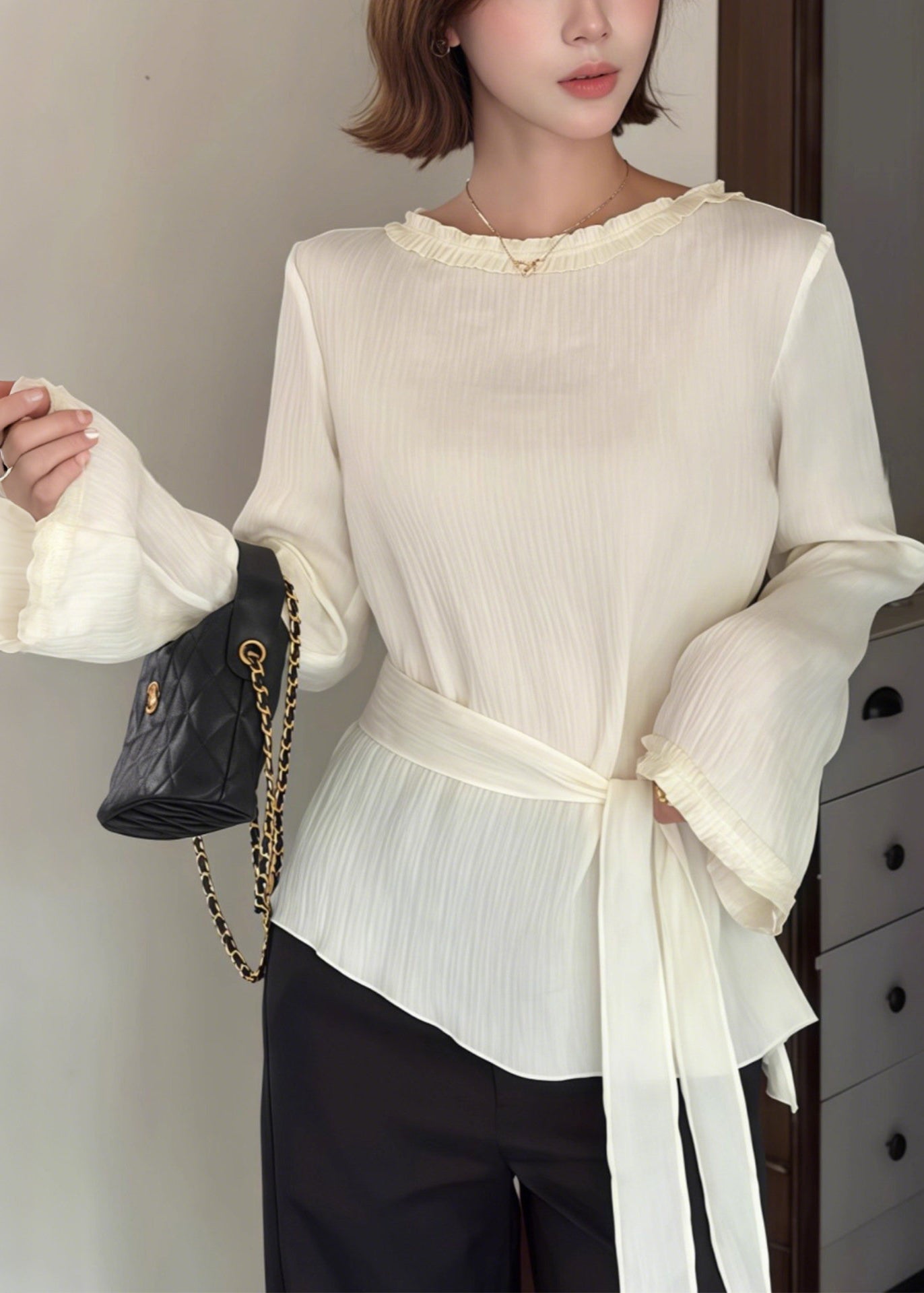 Women White Asymmetrical Tie Waist Cotton Tops Spring