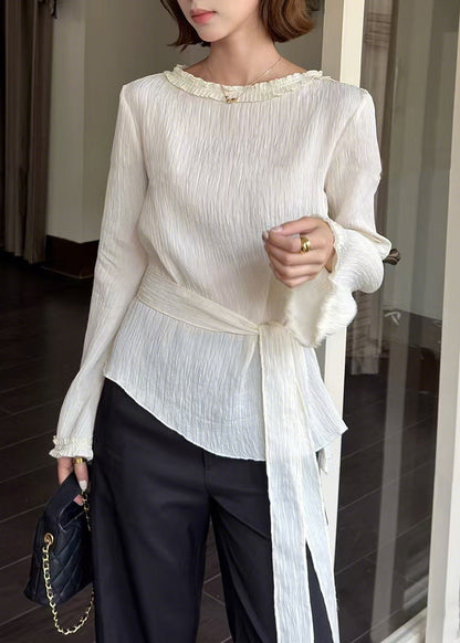 Women White Asymmetrical Tie Waist Cotton Tops Spring