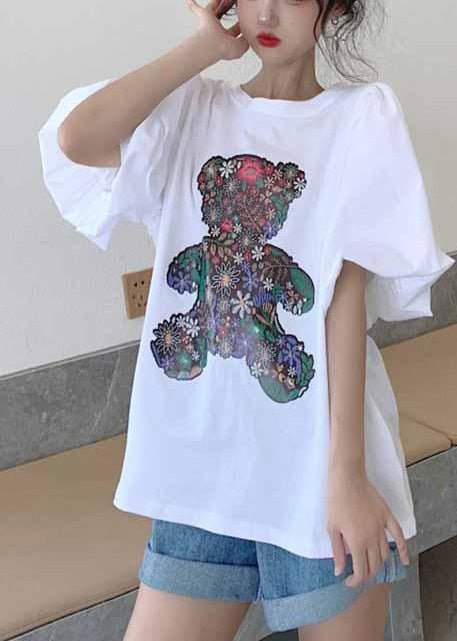Women White Bear Print Cotton Tank Tops Puff Sleeve