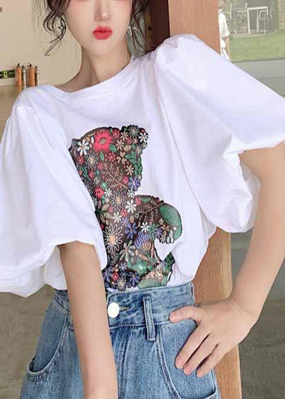 Women White Bear Print Cotton Tank Tops Puff Sleeve