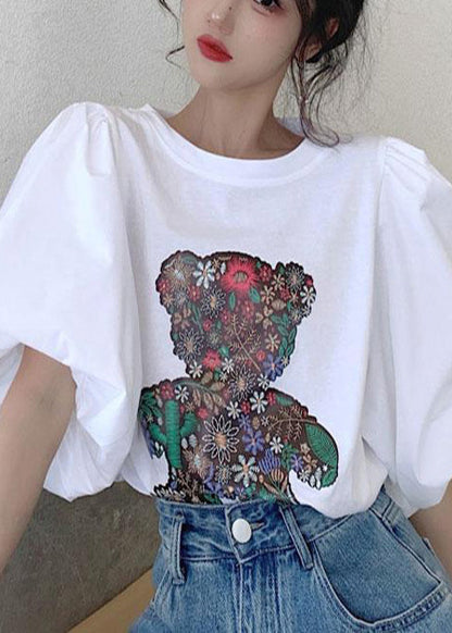 Women White Bear Print Cotton Tank Tops Puff Sleeve