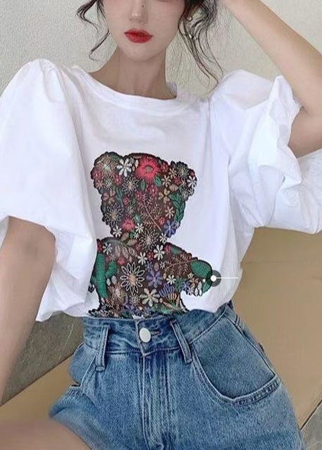 Women White Bear Print Cotton Tank Tops Puff Sleeve