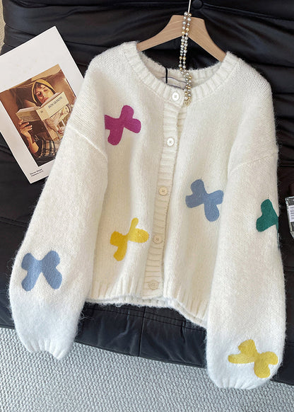 Women White Bow Button Cozy Wool Knit Cardigan Fall
