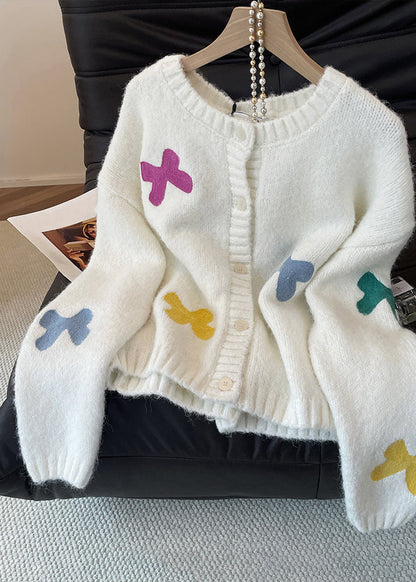 Women White Bow Button Cozy Wool Knit Cardigan Fall