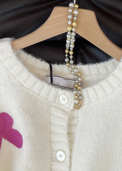 Women White Bow Button Cozy Wool Knit Cardigan Fall