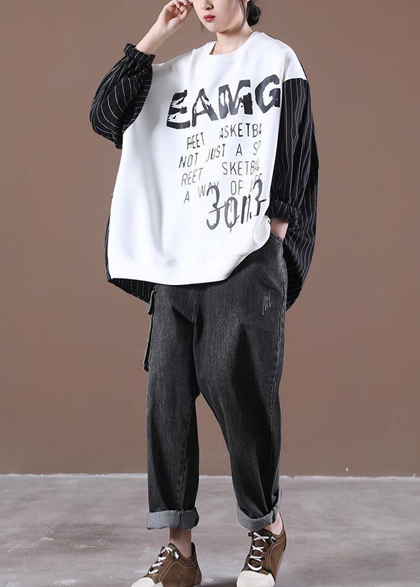 Women White Chic Patchwork Plus Size Autumn Tops - SooLinen