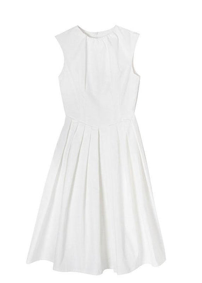 Women White Cinched Sleeveless Holiday Summer Cotton Dress - SooLinen