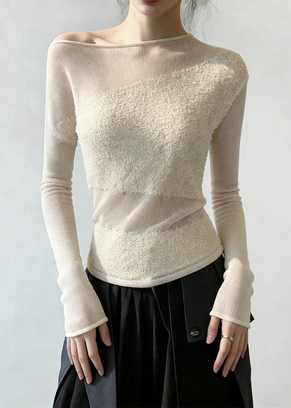 Women White Cold Shoulder Solid Patchwork Knit Sweaters Spring