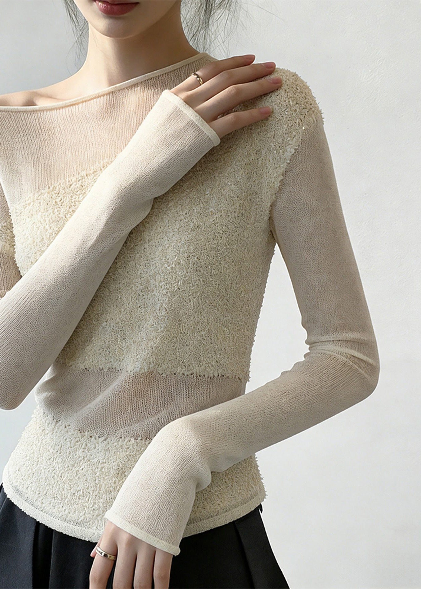 Women White Cold Shoulder Solid Patchwork Knit Sweaters Spring