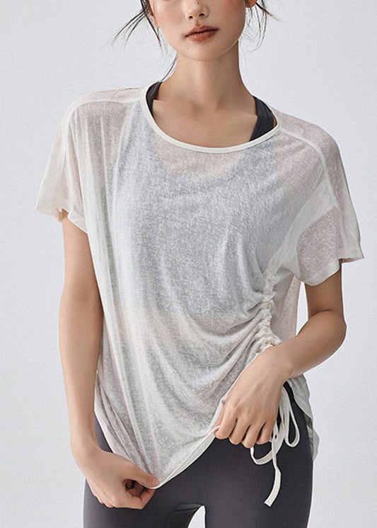 Women White Drawstring Short Sleeve Solid Yoga Top