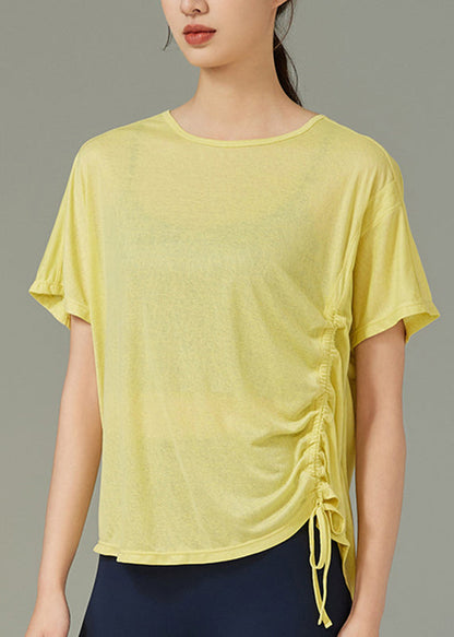 Women White Drawstring Short Sleeve Solid Yoga Top