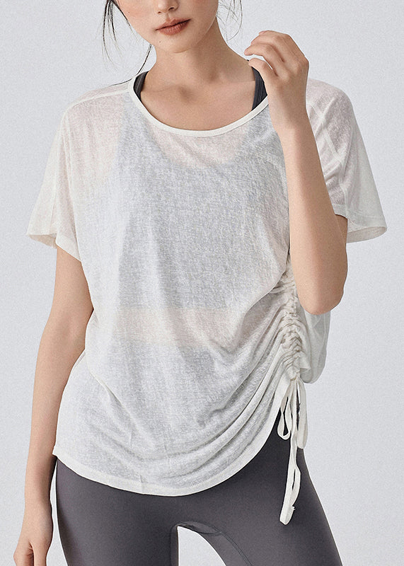 Women White Drawstring Short Sleeve Solid Yoga Top