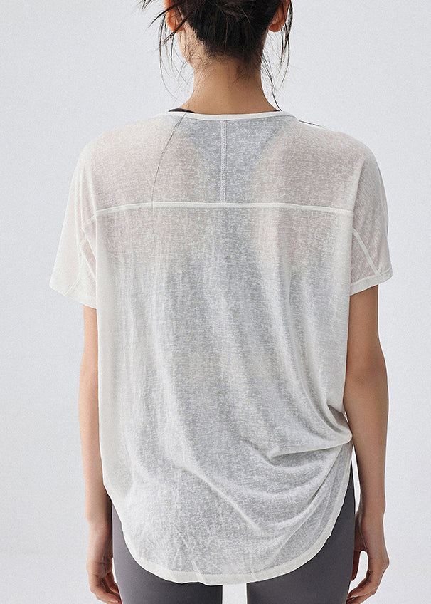 Women White Drawstring Short Sleeve Solid Yoga Top