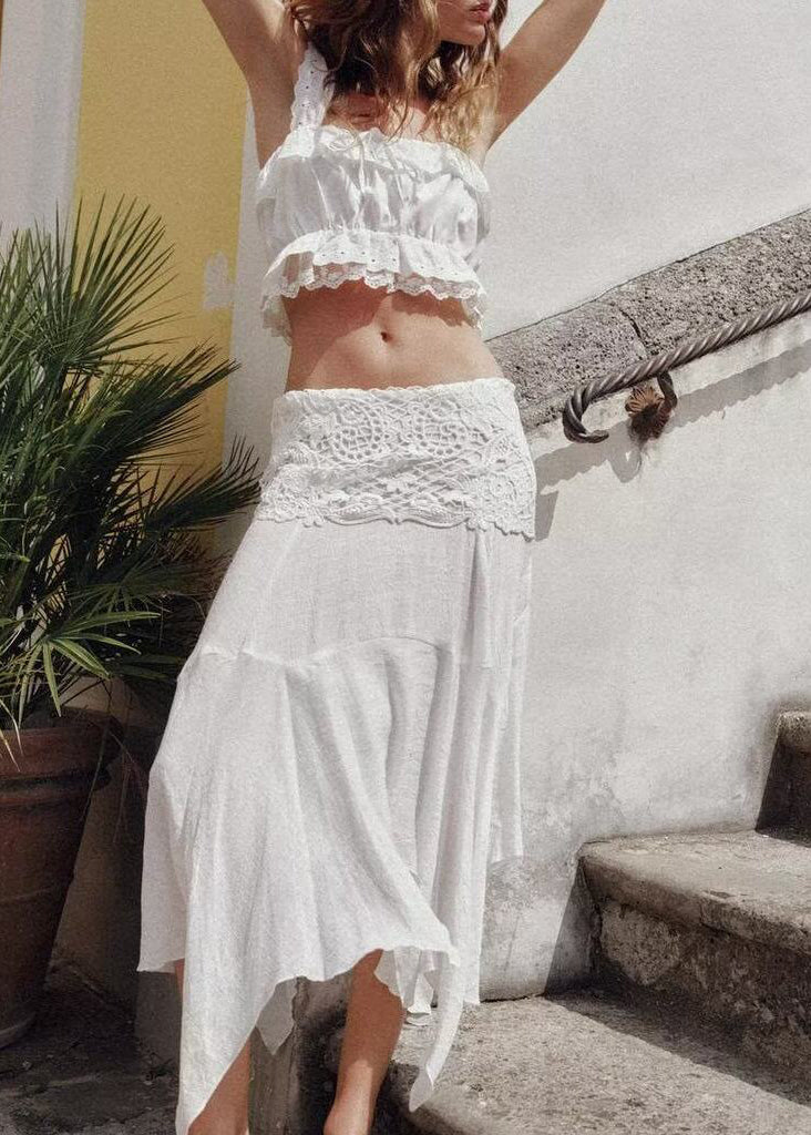 Women White Embroidered Asymmetrical Design Cotton Sets 2 Pieces Summer