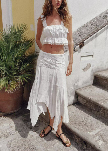 Women White Embroidered Asymmetrical Design Cotton Sets 2 Pieces Summer