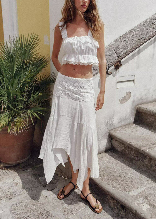 Women White Embroidered Asymmetrical Design Cotton Sets 2 Pieces Summer