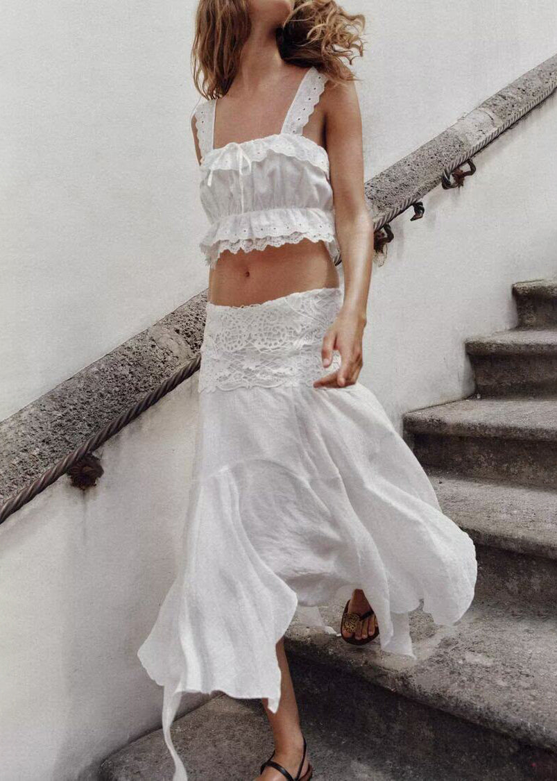 Women White Embroidered Asymmetrical Design Cotton Sets 2 Pieces Summer