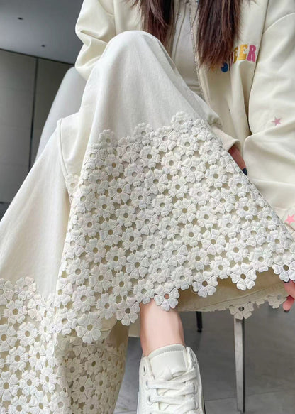 Pantalones de algodón con patchwork bordados blancos para mujer, primavera