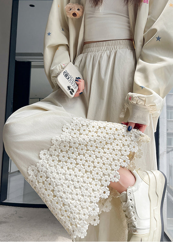 Pantalones de algodón con patchwork bordados blancos para mujer, primavera