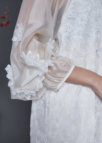 Frauen Weiß Bestickte Tüll Robe Kleider Laterne Hülse