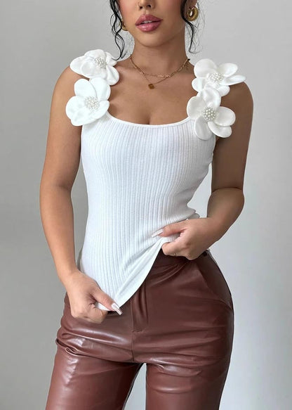 Women White Floral Decorated Silm Vests Summer