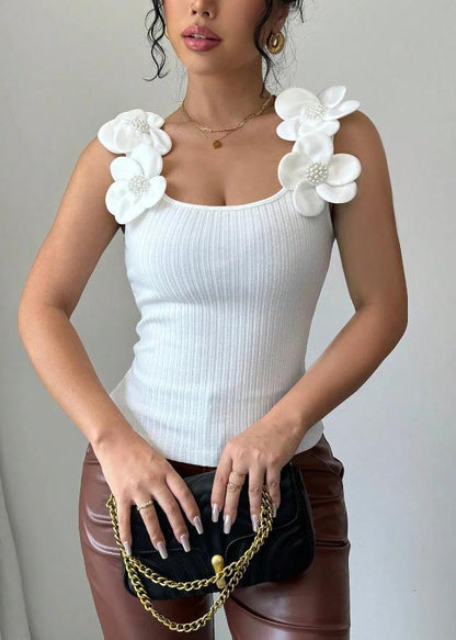 Women White Floral Decorated Silm Vests Summer