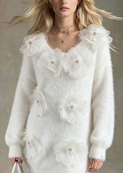 Women White Floral Nail Bead Long Knit Sweaters Fall