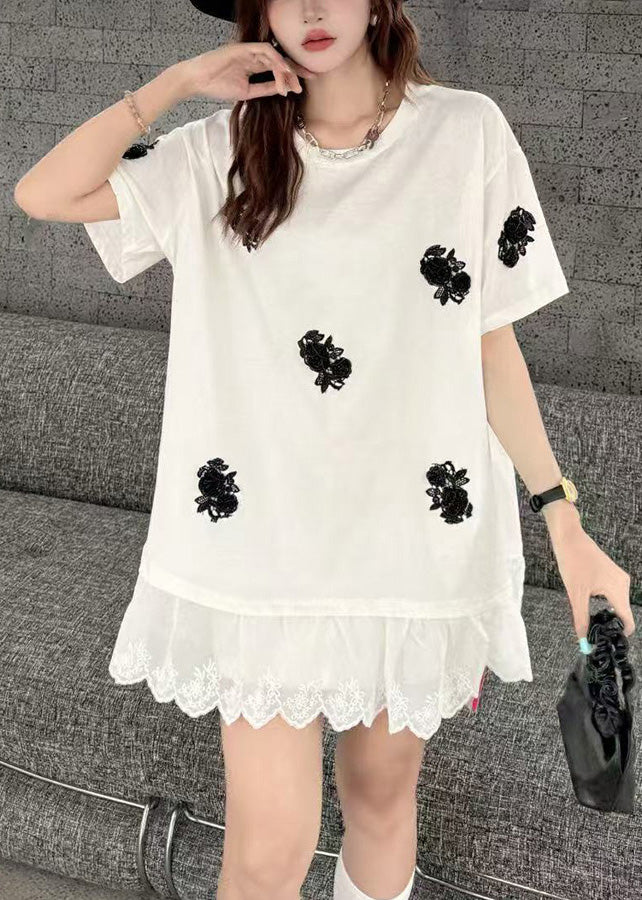 Women White Flower Decorated  Oversized Patchwork Lace Tanks Summer