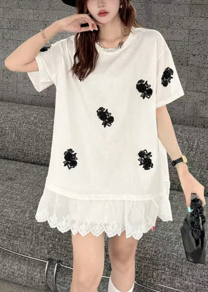Women White Flower Decorated  Oversized Patchwork Lace Tanks Summer