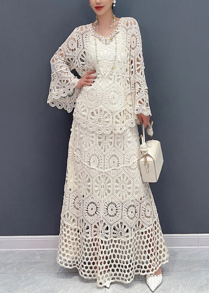 Women White Hollow Out Knit Two Piece Set Outfits Summer