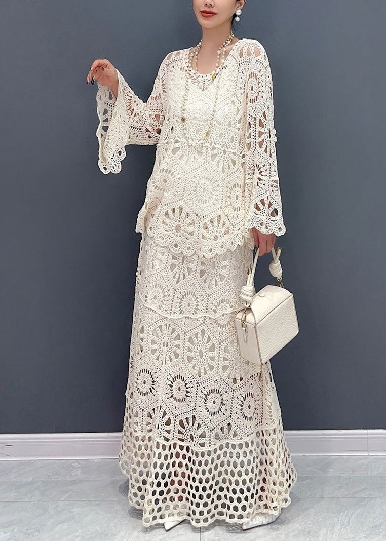 Women White Hollow Out Knit Two Piece Set Outfits Summer