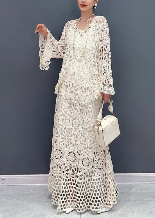 Women White Hollow Out Knit Two Piece Set Outfits Summer